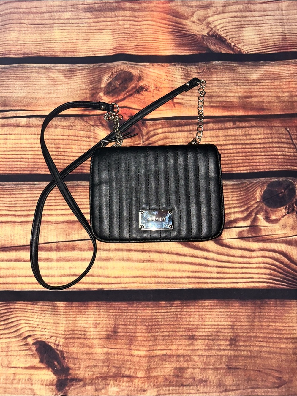 Nine West Black Quilted Crossbody with Chain Accent